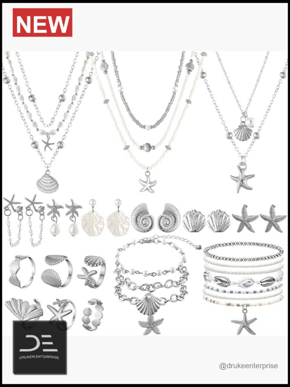 23 Pcs Seashell Starfish Jewelry Set Boho Beach Mermaid Accessories Layered